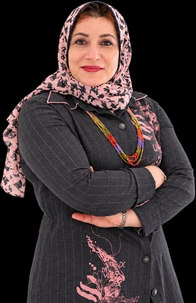 د. منال الدغار مبتسمة ومكتوفة الذراعين